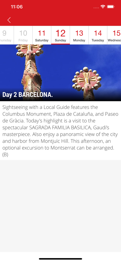 GlobusGO - Interfaz de la aplicación GlobusGO mostrando un itinerario diario detallado para un tour en Barcelona.