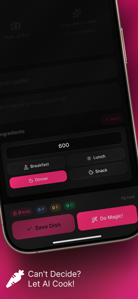 Eatme: Snap Food, Track Macros - Eatme app interface showing the AI meal generator screen with calorie and macro goal settings