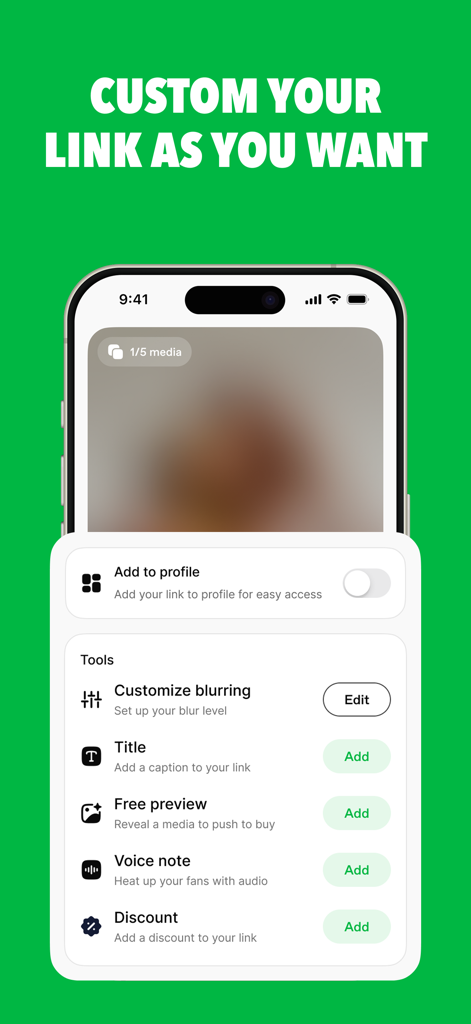 Unlockt - Sell your files - Pantalla de la aplicación móvil Unlockt que muestra opciones para personalizar enlaces de contenido con desenfoque, títulos, notas de voz y descuentos.