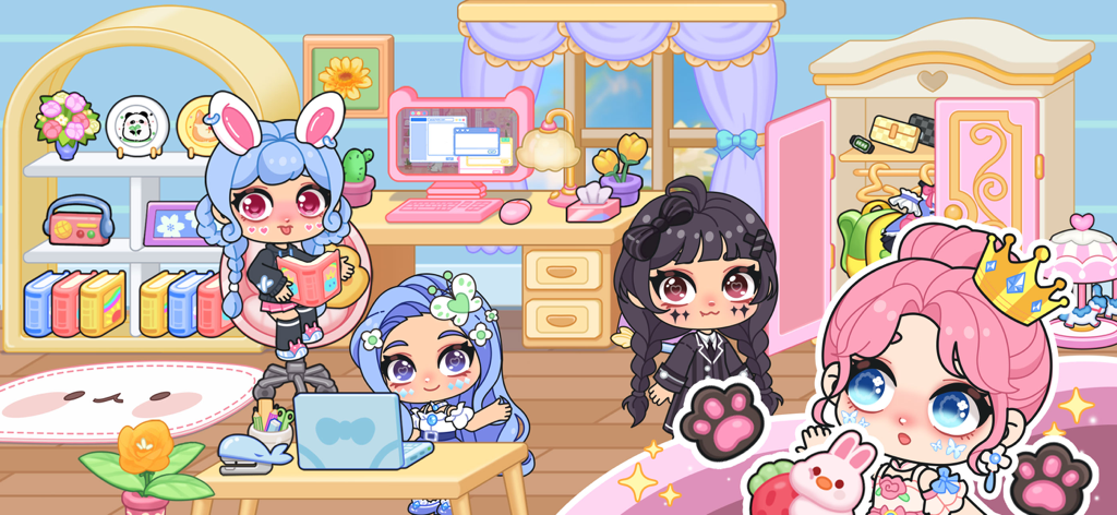 Cuatro lindos personajes chibi en un dormitorio colorido y decorado en Ayla World