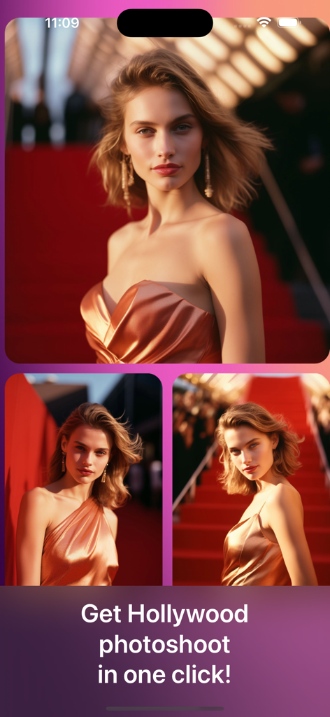 Aisma: AI Avatar & Photo Maker - Imágenes generadas por IA de una mujer con un vestido dorado en una alfombra roja para un estilo de sesión de fotos de Hollywood.