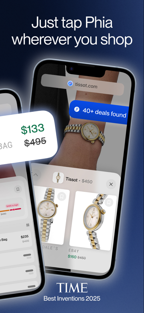 iPhone showing the Phia Safari extension finding deals and comparing prices for a luxury watch