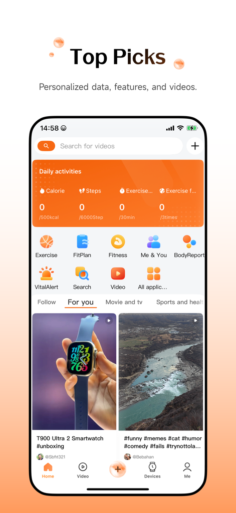 Wearfit Pro mobile app interface showing health metrics and video content feed