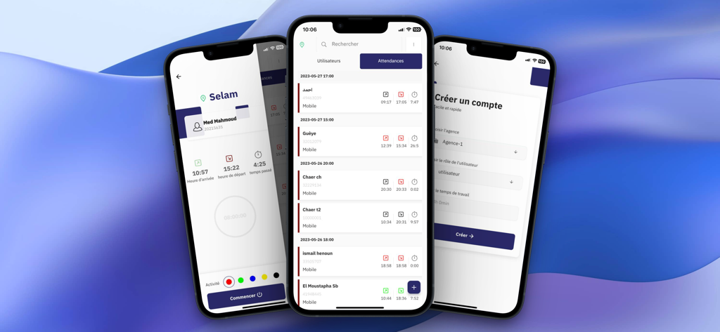 Interface mobile de l'application Basme montrant le suivi du temps de la main-d'œuvre et les journaux de présence