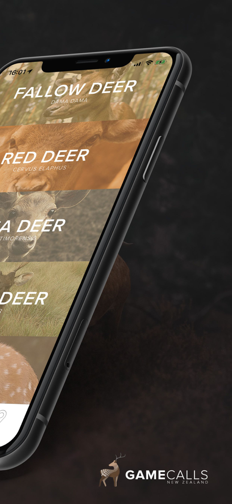 Game Calls NZ - iPhone screen showing a list of deer hunting calls in the Game Calls NZ app