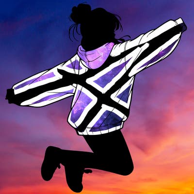 realistic girl jumping with a bun and oversized sweatshirt