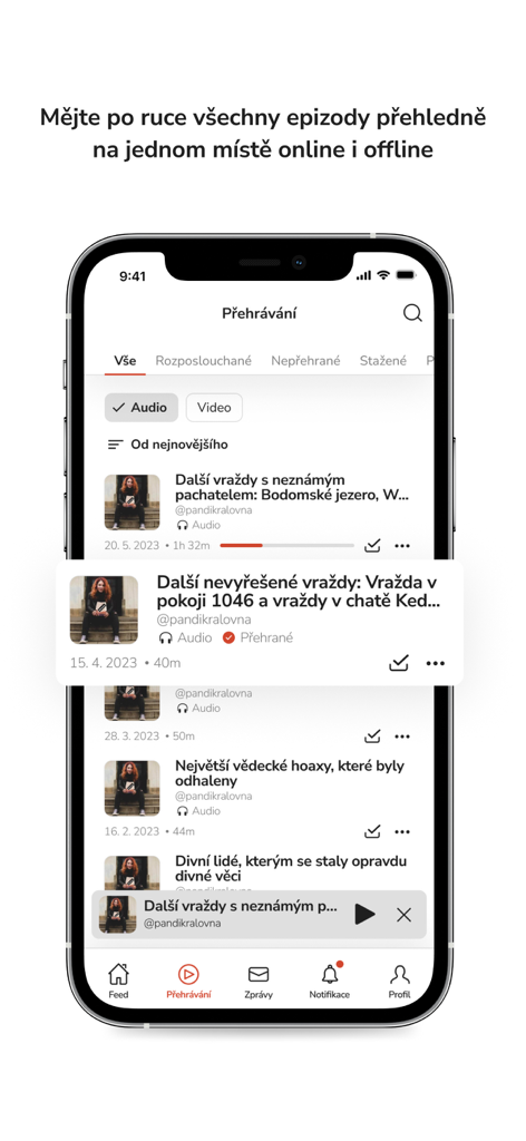 Forendors - Forendors app interface showing a list of podcast episodes available for online and offline playback.