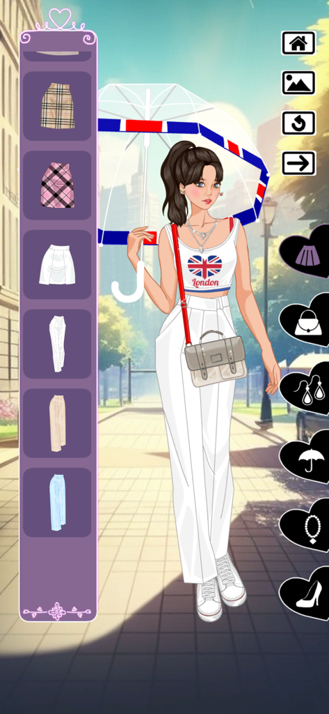 Big trip Sevelina dress up - Uma personagem vestida com um look temático de Londres com uma blusa e guarda-chuva da Union Jack em um jogo de vestir.