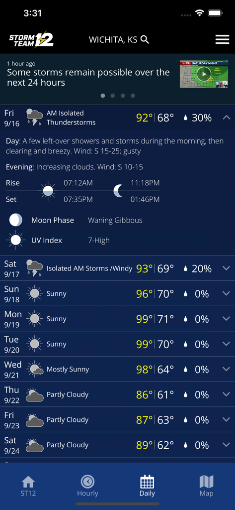 Daily weather forecast screen for Wichita Kansas from the Storm Team 12 app showing temperature high and lows and weather icons