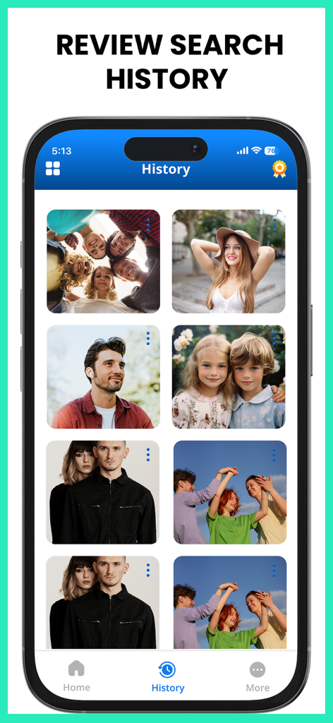 Image Search - Reverse Image - A mobile app screen showing a grid of previously searched photos in the search history section.