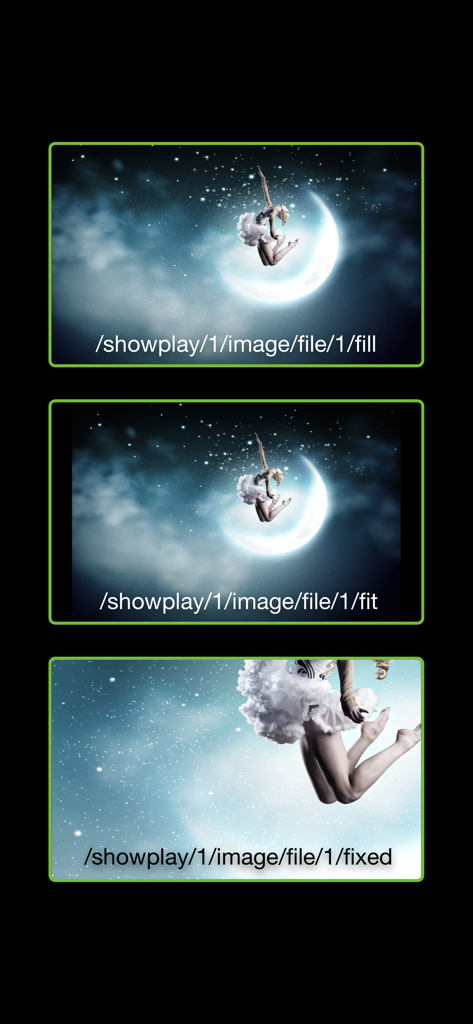 ShowPlay - Interface of ShowPlay app showing different image scaling modes like fill and fit controlled via OSC paths.