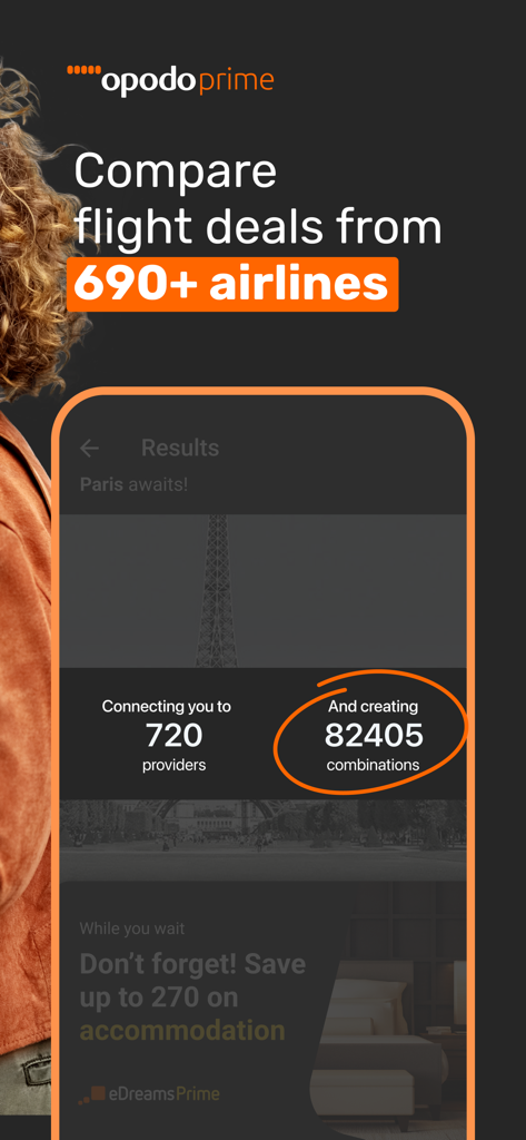 Opodo Prime App-Oberfläche zeigt Flugvergleich von über 690 Fluggesellschaften und Unterkunftsrabatte