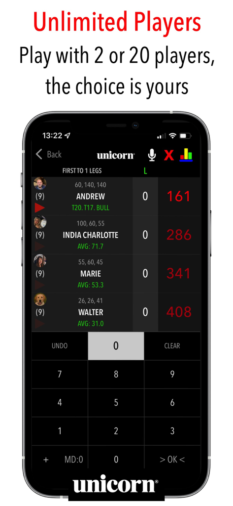 The multiplayer scoring screen of the Russ Bray Darts Scorer Pro app showing a list of players with their scores and averages next to a digital keypad.