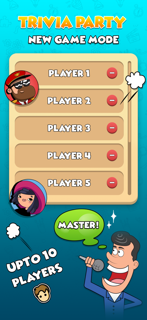 Tela do modo de jogo Quiz Party mostrando seleção de jogadores para até 10 jogadores