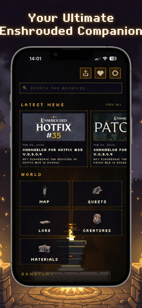 Companion for Enshrouded - Interfaz principal de la aplicación Compañero para Enshrouded en un iPhone con un tema de pixel art oscuro que incluye secciones para noticias recientes, búsqueda y categorías del juego como mapa y misiones.