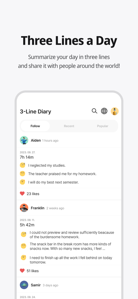 Three Lines a Day community diary feature in the Dote Timer app showing user summaries and focus times
