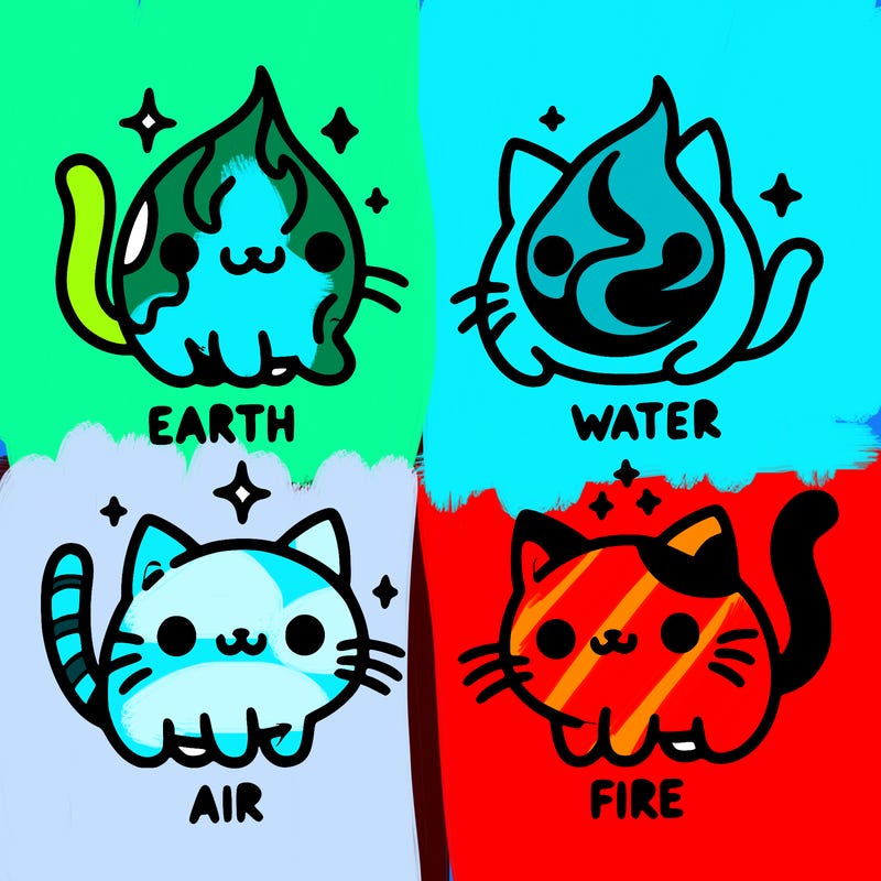 4 cats that represent the different elements, earth, water, air, and fire