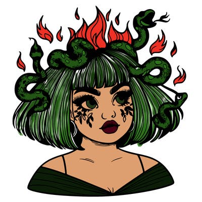 a plus size girl with short hair and snakes coming off her head like medusa, and flames in her eyes, beautiful and realistic