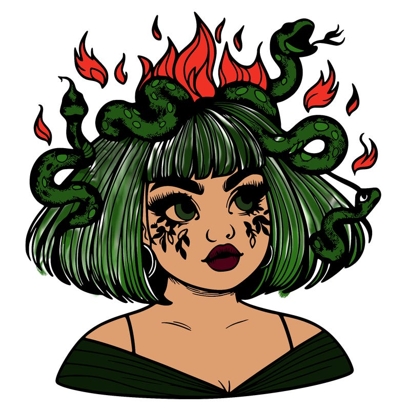 a plus size girl with short hair and snakes coming off her head like medusa, and flames in her eyes, beautiful and realistic