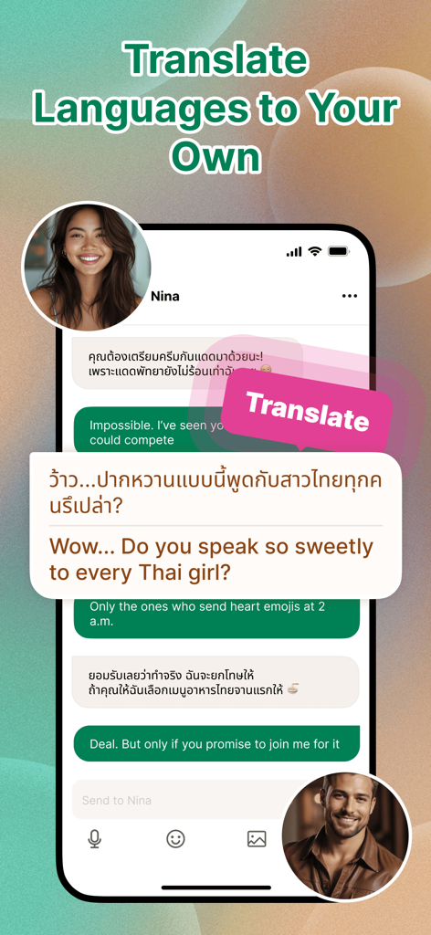 Higo: Local Meet Global - A mobile screen showing the Higo app's built-in translation feature during a chat between a local and a traveler.