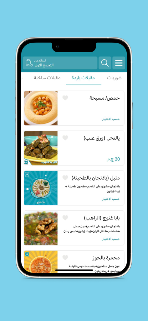 بروكار | broccar - Broccar App-Oberfläche mit einem Menü nahöstlicher kalter Vorspeisen wie Hummus und Weinblättern