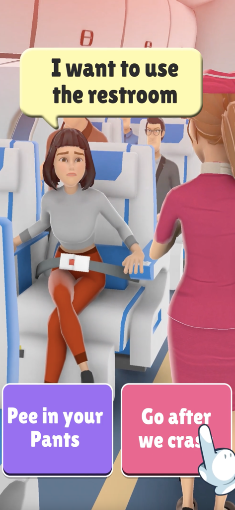 Hyper Hostess - A flight attendant simulation game screen showing a passenger request with humorous interaction choices