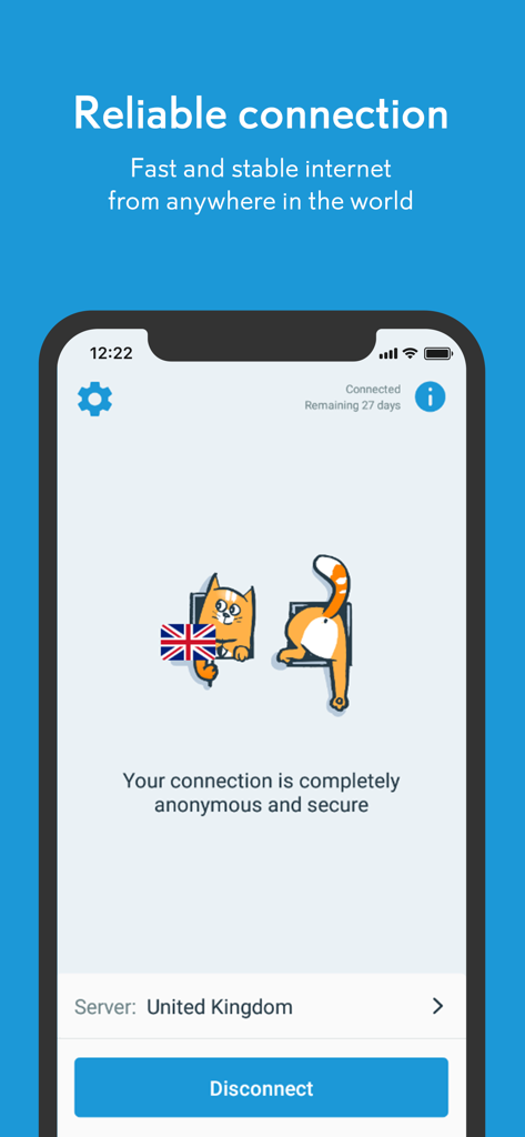 A screenshot of the hidemy.name VPN app interface showing a secure and anonymous connection to a United Kingdom server with a cartoon cat mascot.
