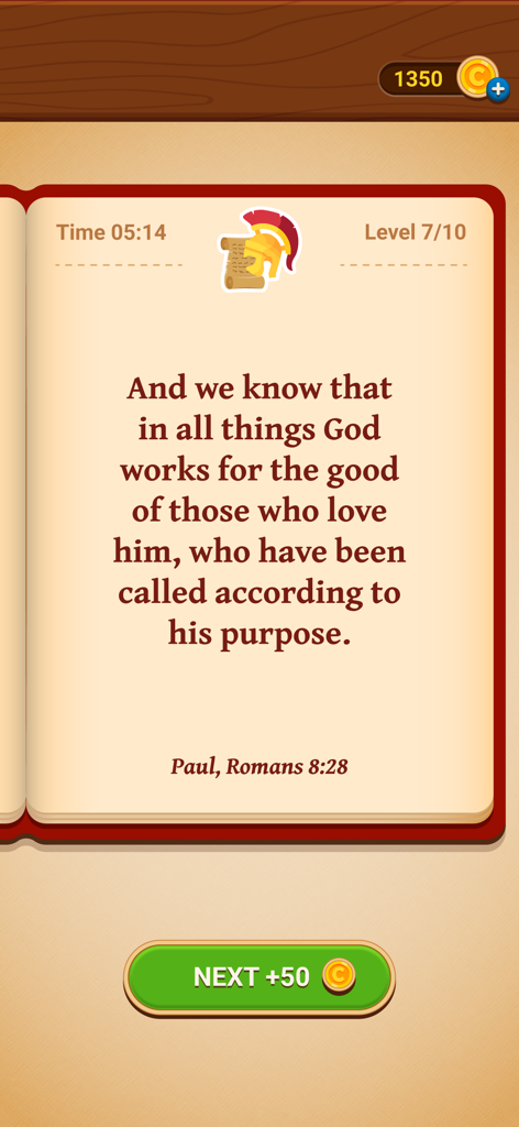 Cryptogram: Bible Code - A completed Bible verse puzzle from Romans 8 28 displayed on an open book in the Cryptogram Bible Code game.