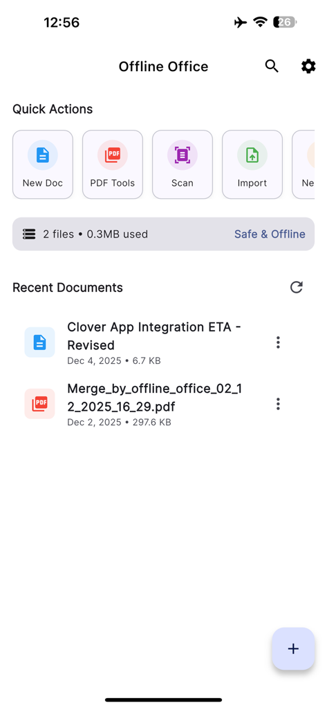 Offline Office: Doc PDF & Scan - Main dashboard of Offline Office app showing quick actions and recent documents