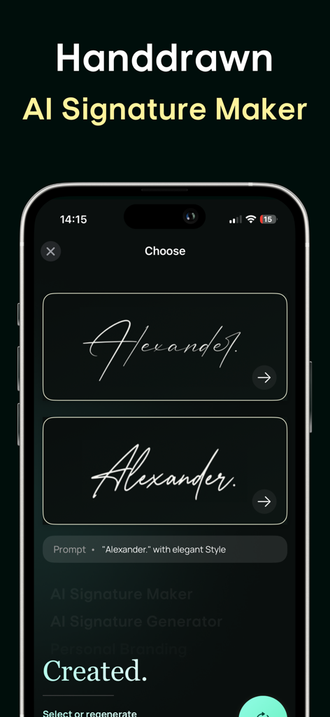 AI Signature Generator Signify - Signify app interface displaying two elegant handdrawn AI signature designs on an iPhone