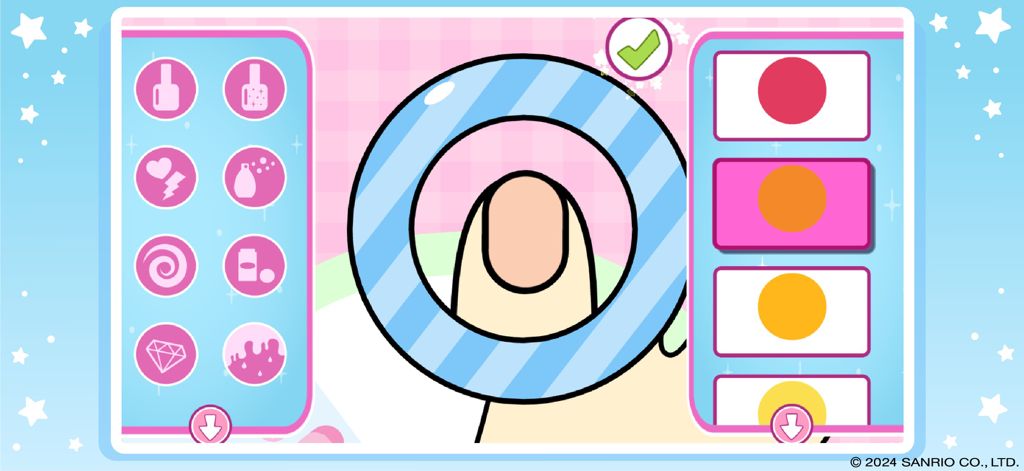 Hello Kitty: Beauty Salon - ネイルサロンゲームのインターフェースで、さまざまなポリッシュカラーと装飾アイコンが表示された爪のクローズアップ。