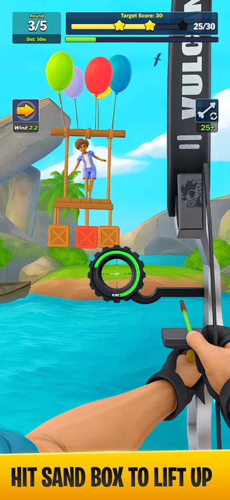 Vue à la première personne d'un joueur visant un arc et une flèche sur des cibles dans un jeu de simulation de tir à l'arc en 3D.