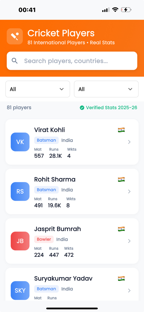 CrickFire - Live Scores - A list of cricket player profiles and their match statistics on the CrickFire app.