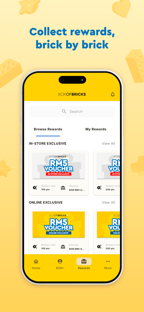 BoxOfBricks Mobile App - BoxOfBricks app Rewards screen showing in-store and online exclusive vouchers redeemable with points
