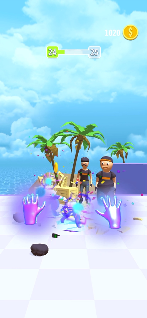 Elemental Gloves - Magic Power - First-person perspective of a player using glowing purple magic gloves to attack enemies in a tropical setting.