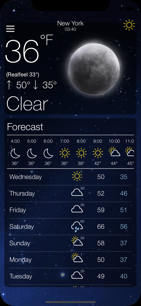 Weather app screenshot showing clear night forecast for New York with daily and hourly updates
