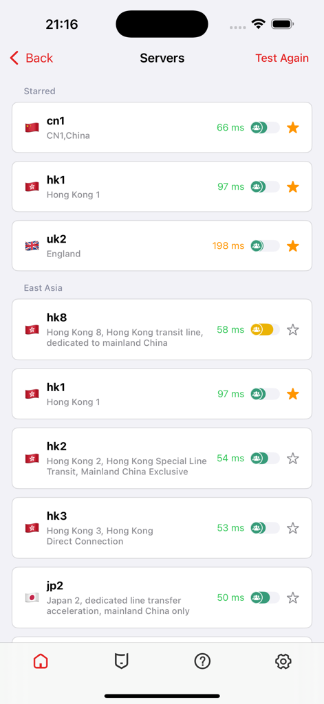 Lista de servidores VPN seguros con indicadores de latencia para China, Hong Kong y Japón