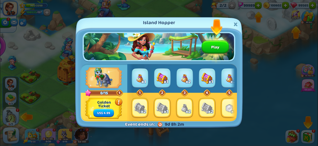 Merge Fables® - Merge Fables Island Hopperイベント画面、報酬とゴールデンチケットが表示されている