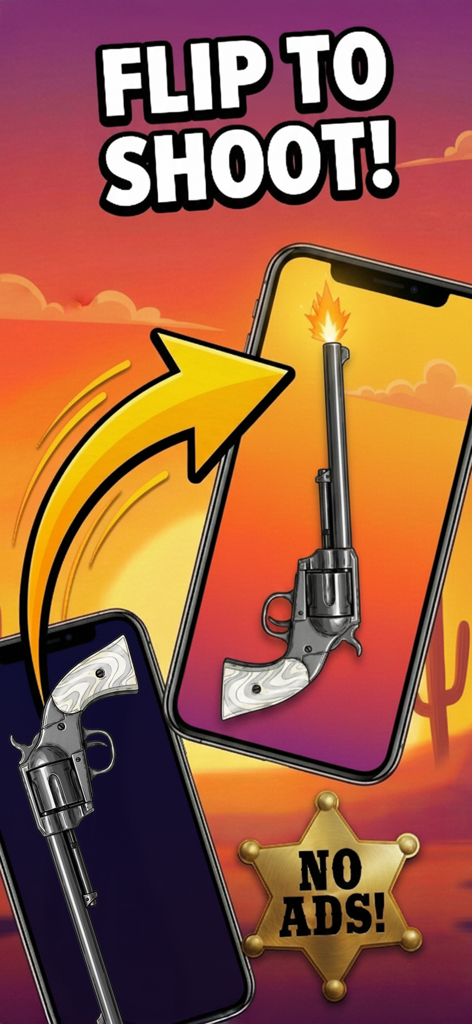 A promotional screen for Quick Draw Duel Friends showing the flip to shoot mechanic with a western revolver on a smartphone.