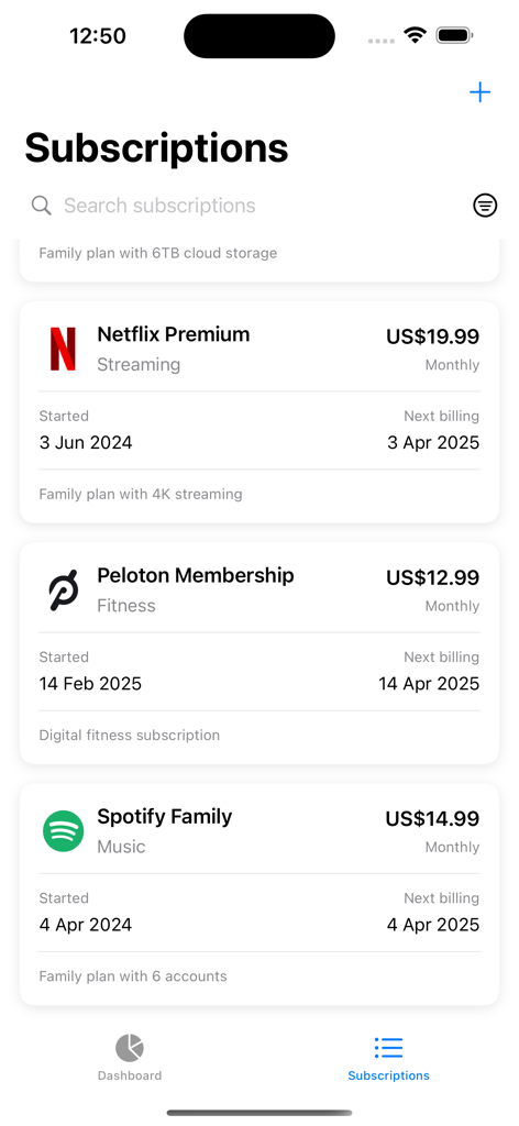 Subscription Tracker Pro - Subscription Tracker Pro app interface showing a list of active subscriptions with billing details for Netflix Peloton and Spotify