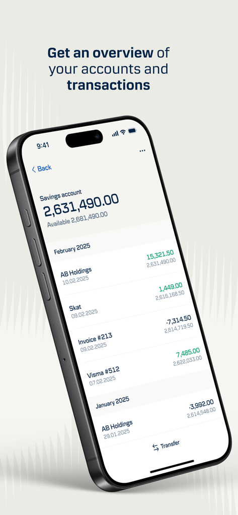 Écran de l'application District Mobile de Danske Bank affichant le solde du compte d'épargne professionnel et l'historique des transactions.