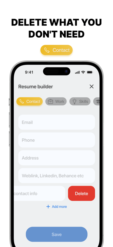 Resume Builder, CV Job App - Interfaz de la aplicación creadora de currículums en iPhone que muestra opciones para editar y eliminar campos de información de contacto