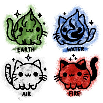 4 cats that represent the different elements, earth, water, air, and fire