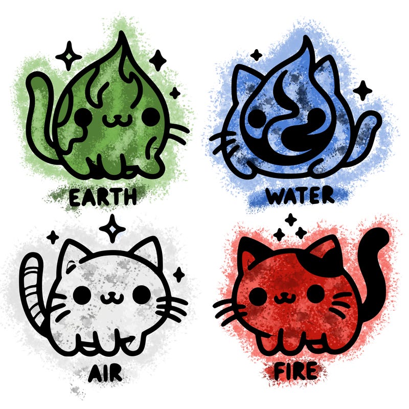4 cats that represent the different elements, earth, water, air, and fire