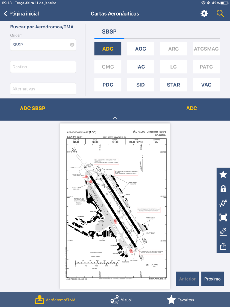 iPadに表示されているサンパウロ・コンゴニャス空港の公式航空チャートを表示するFPL BR EFBアプリ