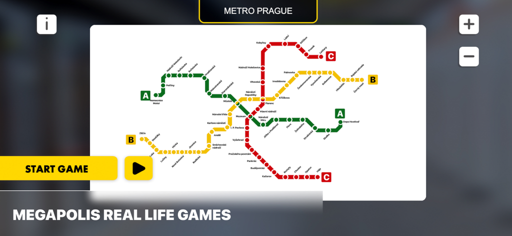 Vista esquemática das linhas A, B e C do mapa do metro de Praga na aplicação simuladora de comboios.