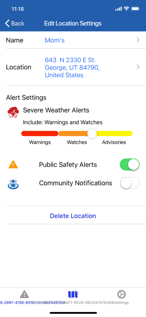 myAlerts - Der Bildschirm der myAlerts-App zur Verwaltung benutzerdefinierter Benachrichtigungseinstellungen und öffentlicher Sicherheitswarnungen für einen bestimmten gespeicherten Standort.