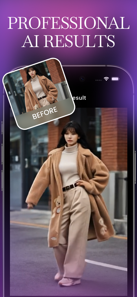 AI Video Generatorアプリのインターフェースに、女性が歩いている写真から動画への変換結果が表示されています