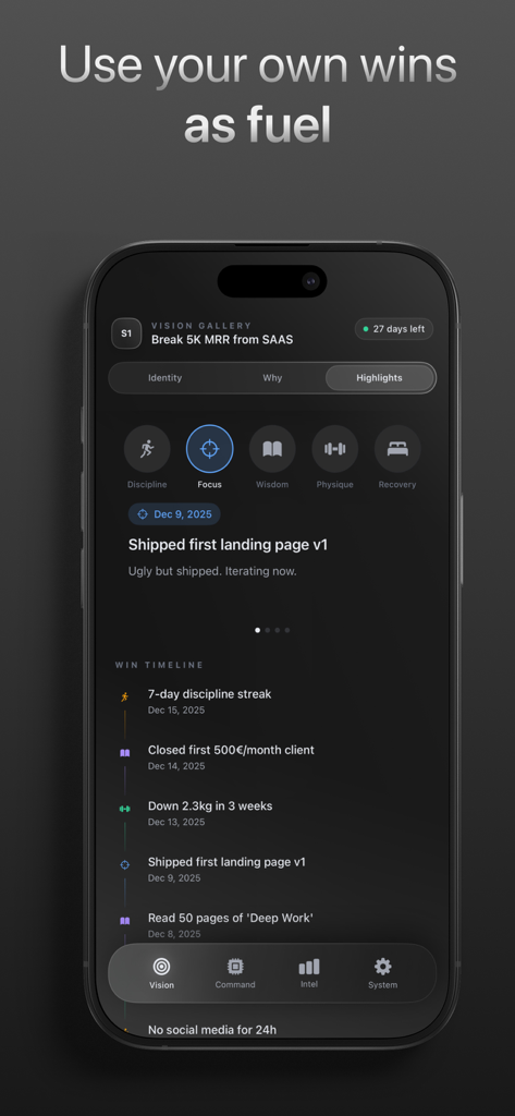 CTRL - Self Improvement OS - Interface of CTRL app showing a win timeline tracking professional and personal achievements