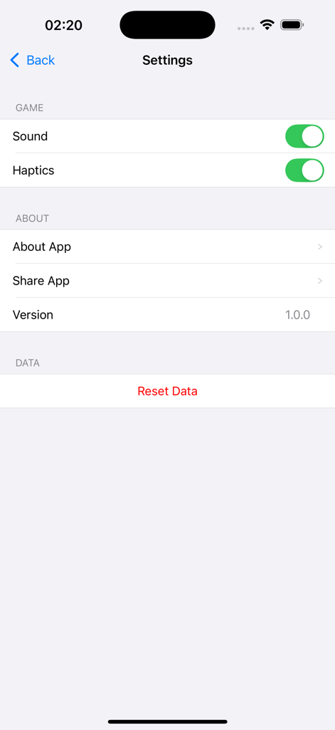 Settings screen of the Number Rearrange app showing game toggles for sound and haptics alongside app version and data reset options.